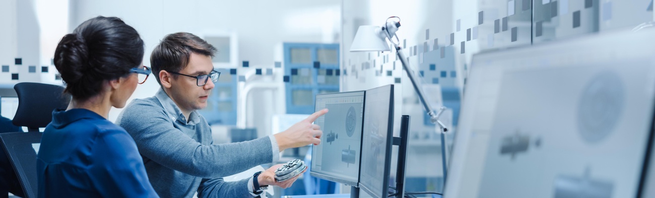 Eine weibliche und ein männlicher Wirtschaftsingenieur betrachten einen Computerbildschirm