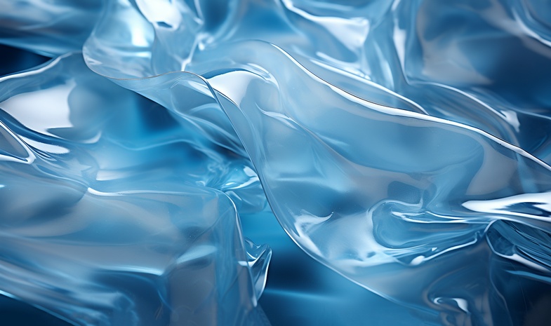 Transparente Plastikfolie auf dunklem und blauem Hintergrund