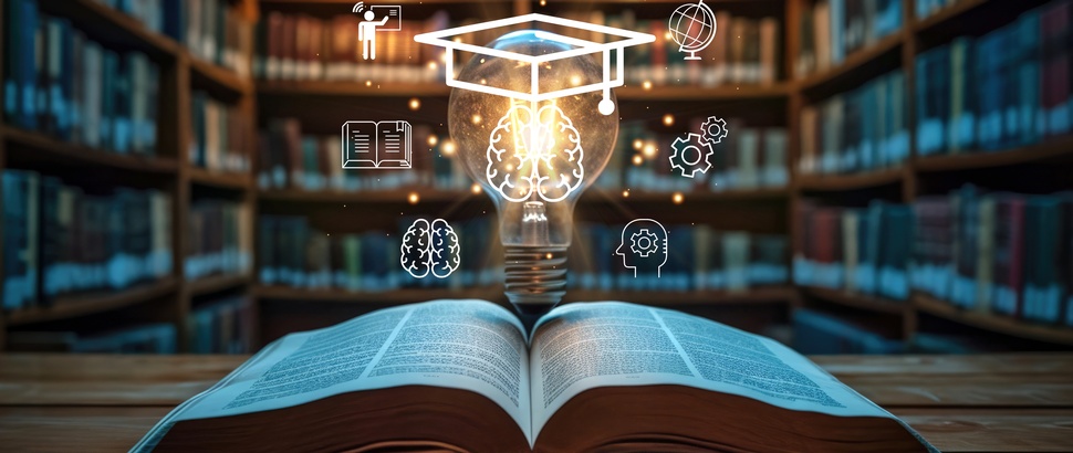 Open book with light bulb with graduation hat