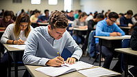 Studierende sitzen in einem großen Raum und schreiben eine Klausur. 