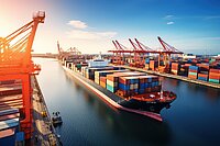 Beladenes Containerschiff in einem Frachthafen