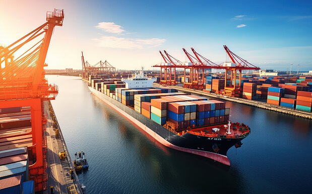 Beladenes Containerschiff in einem Frachthafen