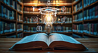 Open book with light bulb with graduation hat